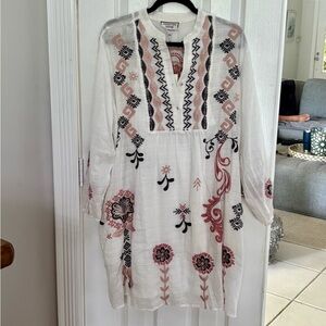 NWT Johnny Was White Linen Long Sleeve Bishop Dress